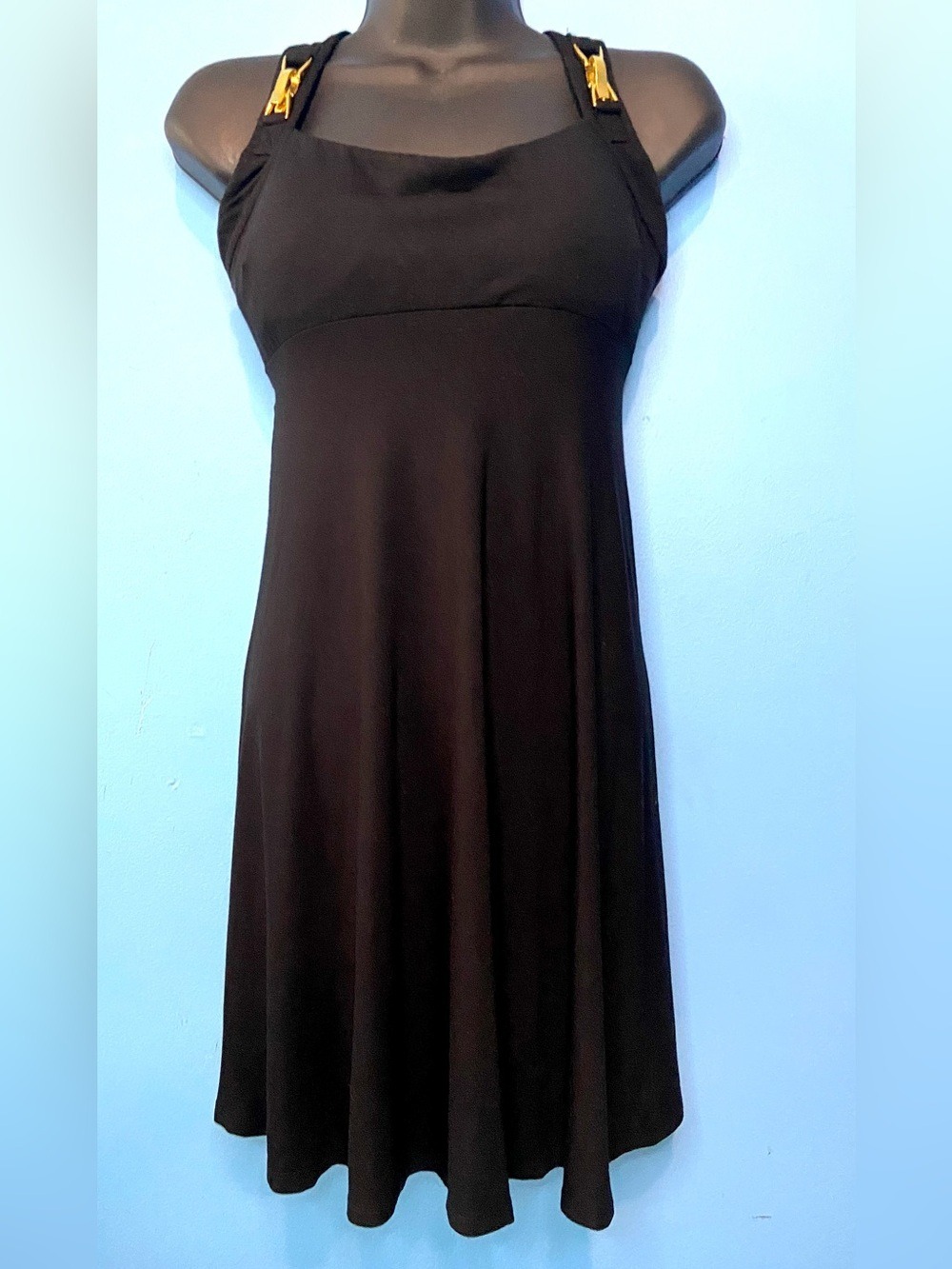 #0229 - Classic Black Backless Dress with Gold Accent Straps